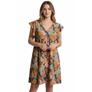 Emery Rose V-neck Button Down Dress Animal/Leaf Print Green Size XL